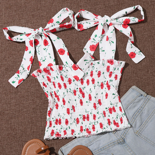 

Floral Print Shirred Knotted Strap Top, White