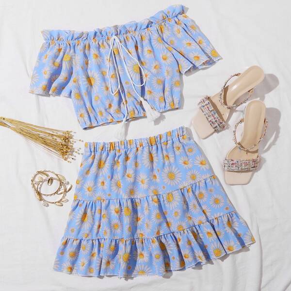 

Frill Trim Tie Front Floral Top & Skirt Set, Baby blue