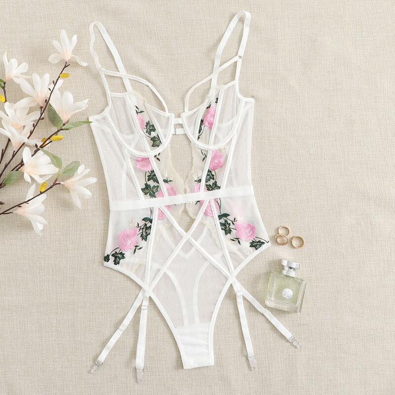 

Floral Embroidered Harness Teddy Bodysuit, White