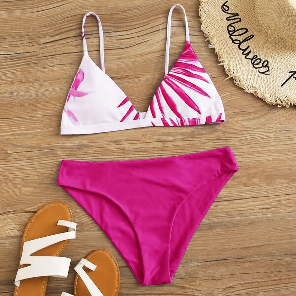 

Tropical Print Triangle Bikini Swimsuit, Multicolor