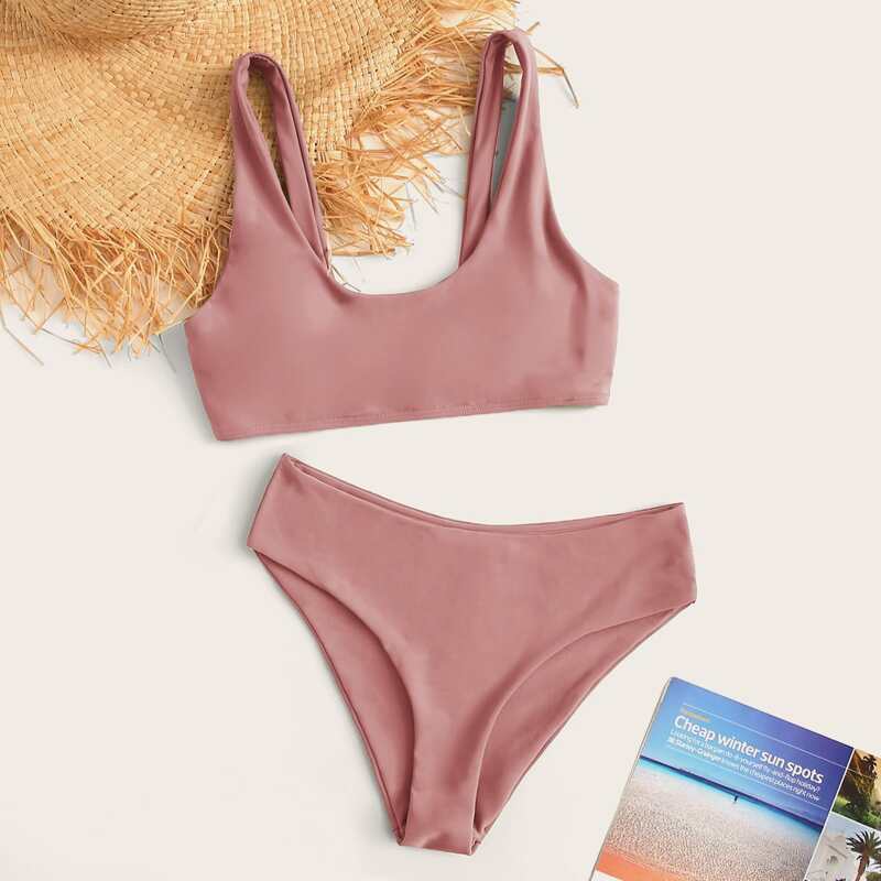 

Plain Scoop Neck Bikini Swimsuit, Dusty pink