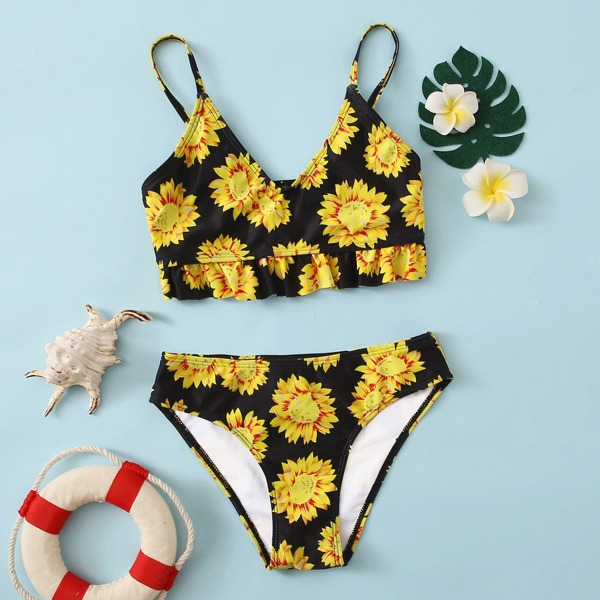 

Girls Sunflower Print Ruffle Hem Bikini Swimsuit, Multicolor