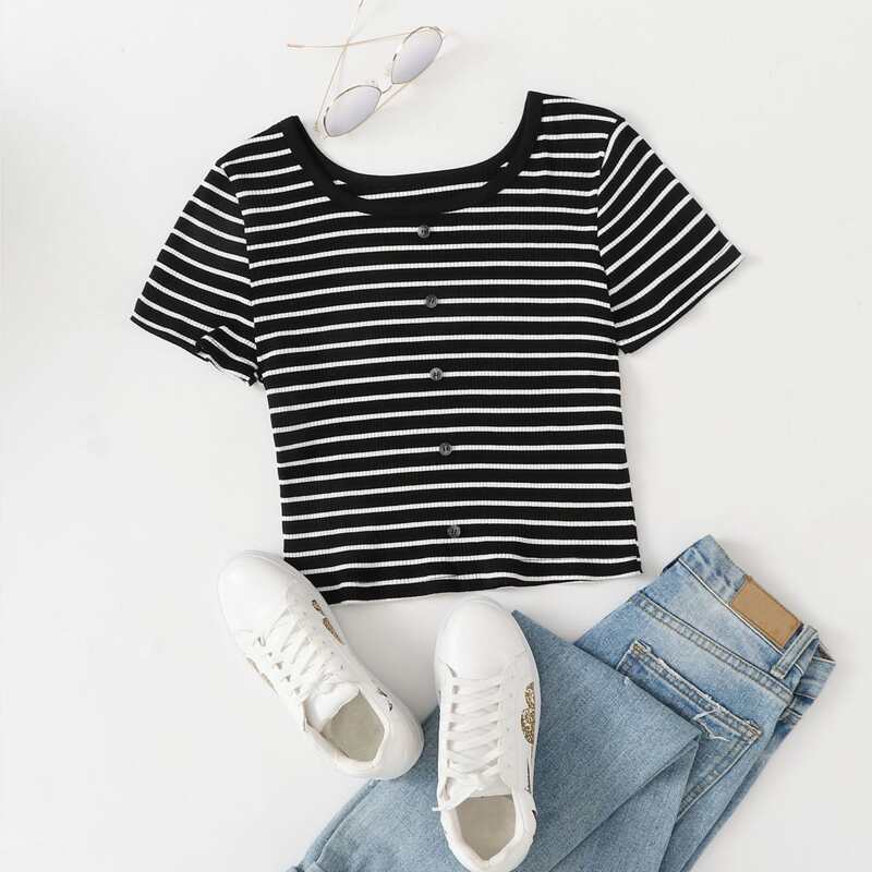 

Striped Button Front Tee, Black and white