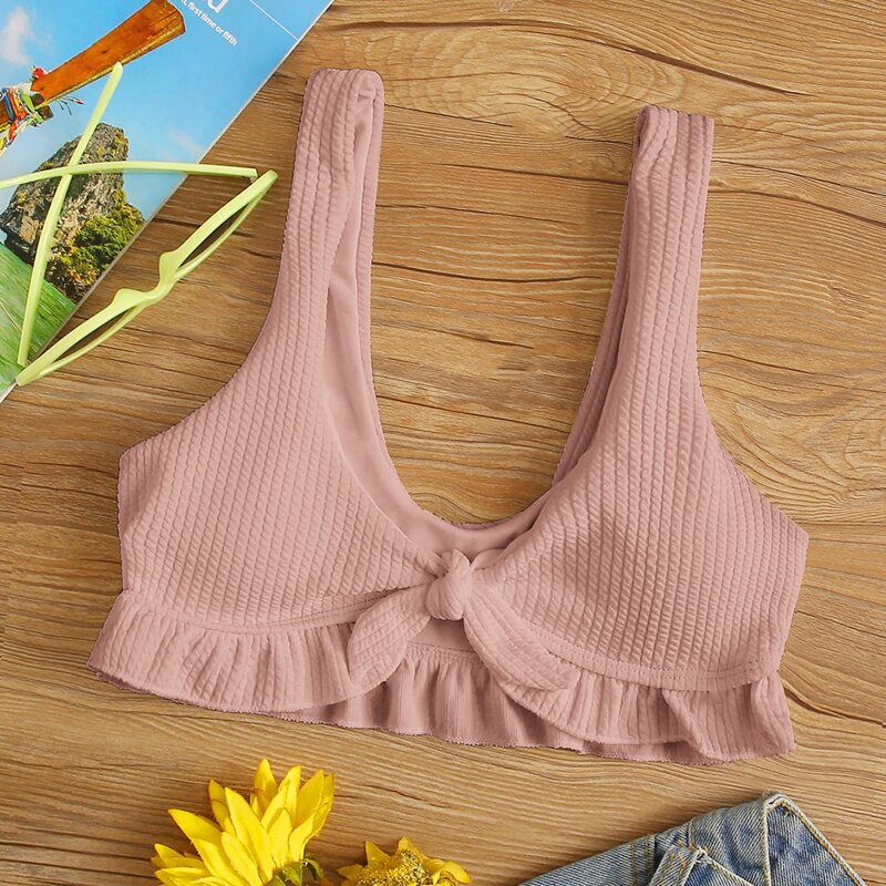 

Textured Ruffle Hem Bikini Top, Dusty pink