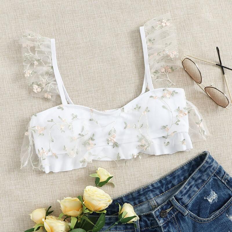 

Floral Embroidered Mesh Bikini Top, White