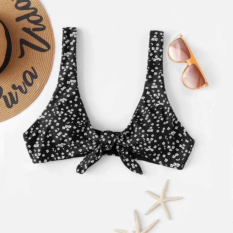 

Ditsy Floral Knot Front Bikini Top, Black