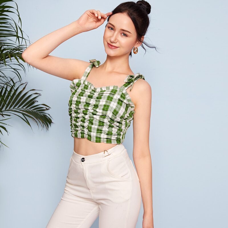 

Plaid Ruched Crop Top, Green