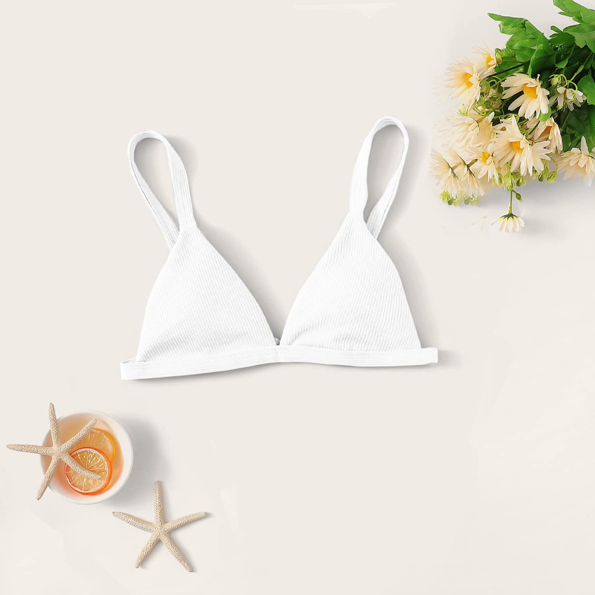 

Rib Triangle Bikini Top, White