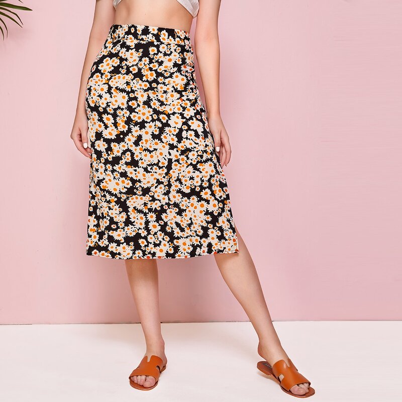 

Floral Split Hem Skirt, Multicolor