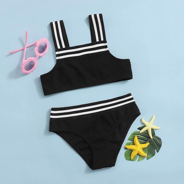 

Girls Striped Trim Bikini Swimsuit, Black