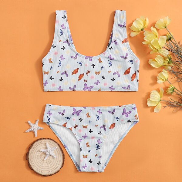 

Girls Butterfly Print Rib Bikini Swimsuit, Multicolor
