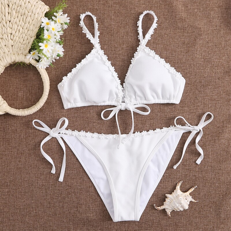 

Rib Appliques Tie Side Bikini Swimsuit, White