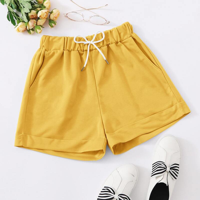 

Yellow Drawstring Waist Shorts, Mustard yellow