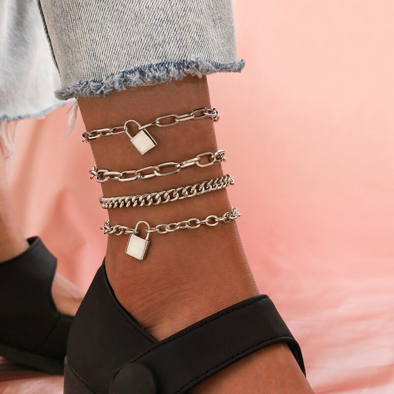 

4pcs Lock Charm Chain Anklet, Silver