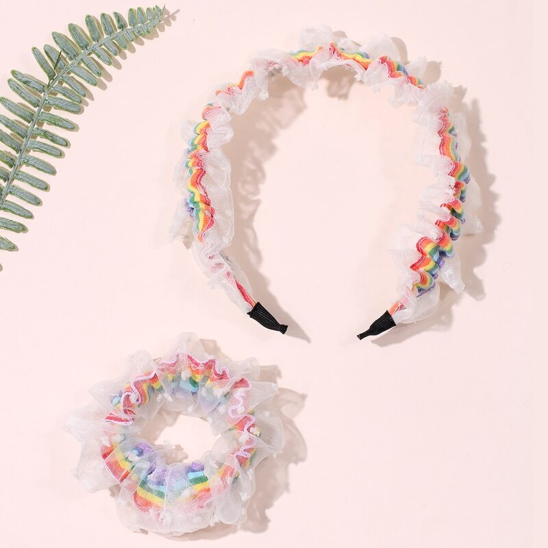 

2pcs Rainbow Mesh Scrunchie & Hair Hoop, Multicolor