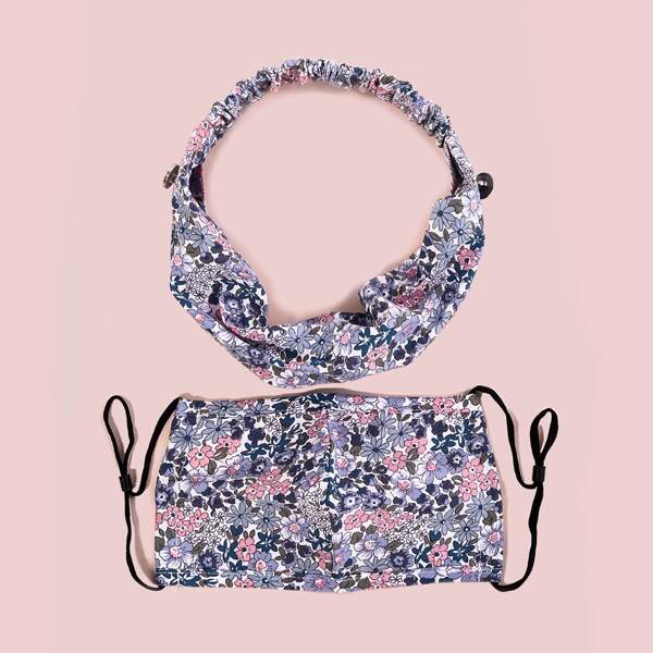 

2pcs Flower Pattern Face Mask & Hair Hoop, Blue