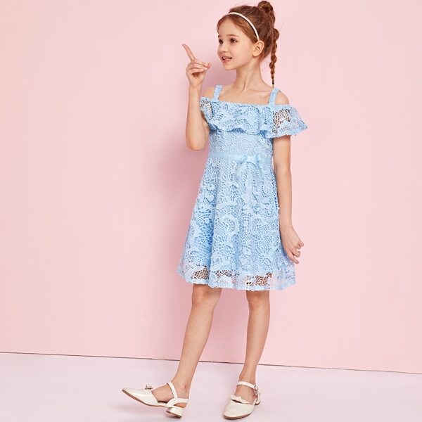 

Girls Cold Shoulder Ribbon Bow Detail Flounce Guipure Lace Dress, Baby blue
