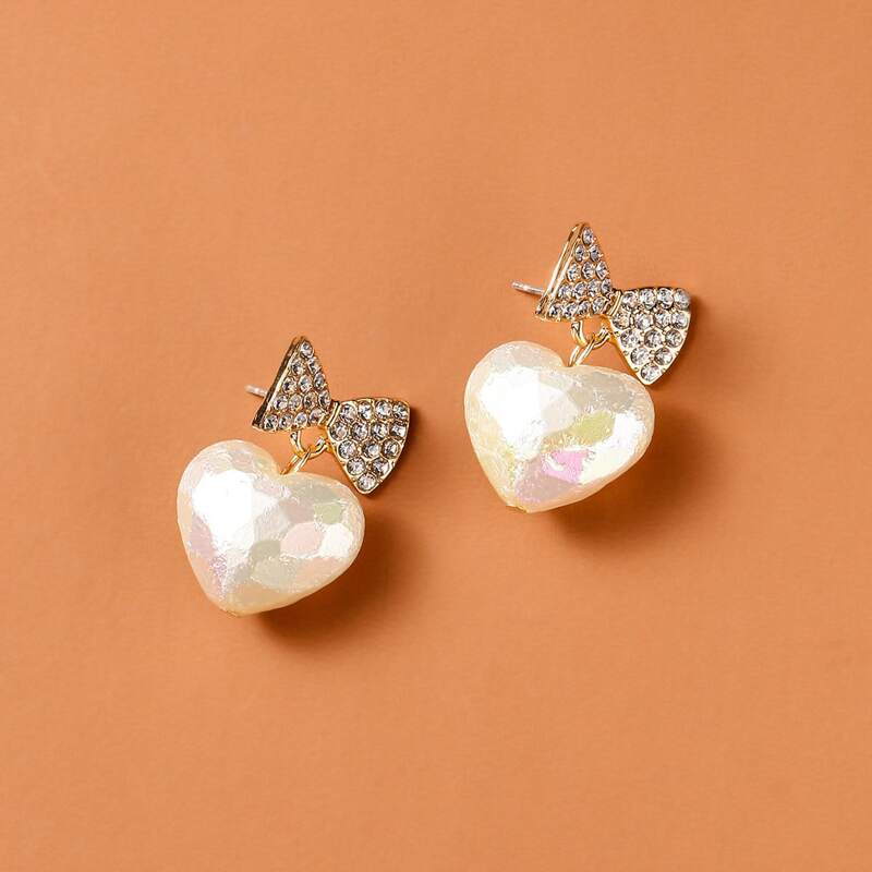Rhinestone Bow Drop Earrings, White