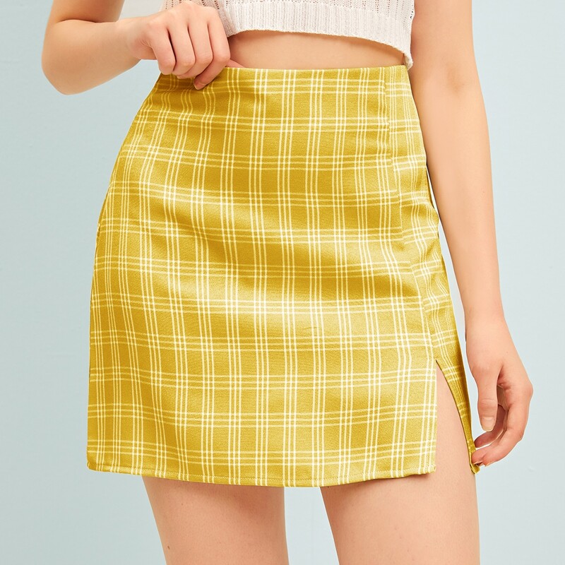 

Plaid Split Hem Mini Skirt, Yellow