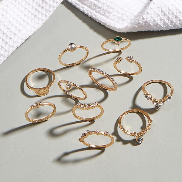 

11pcs Rhinestone Decor Ring, Gold