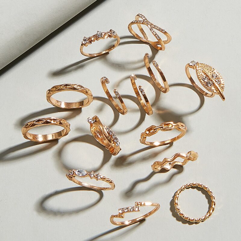 

14pcs Rhinestone Decor Ring, Gold