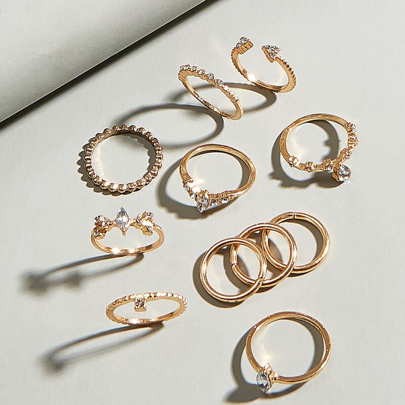 

11pcs Rhinestone Decor Ring, Gold