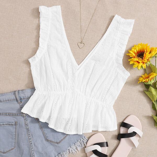 

Eyelet Embroidered Deep V Neck Blouse, White