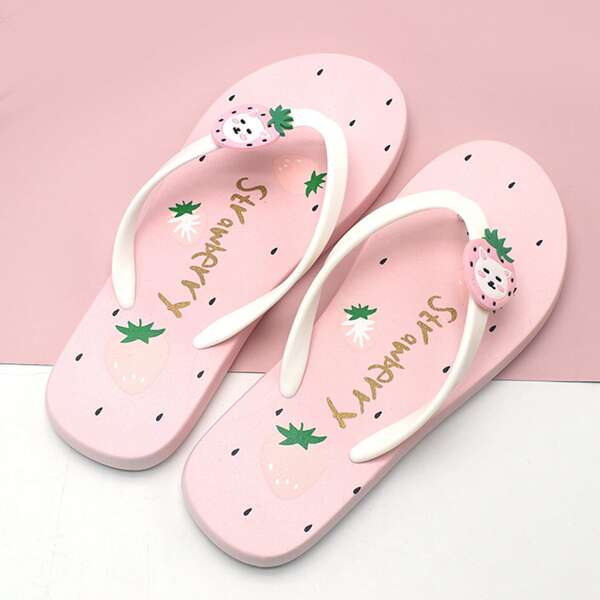 

Cartoon Strawberry Decor Flip Flops, White