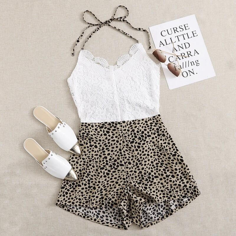 

Graphic Print Contrast Lace Halter Romper, Multicolor