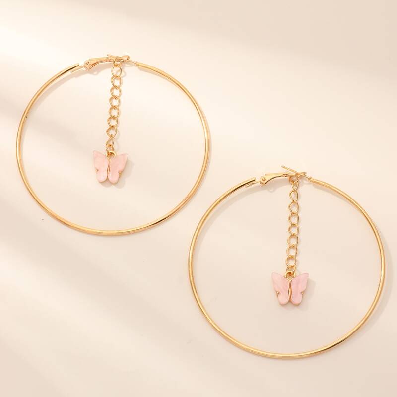 

Butterfly Charm Drop Earrings, Pink