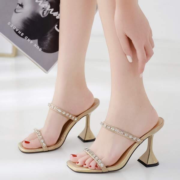 

Rhinestone Decor Heeled Sandals, Gold