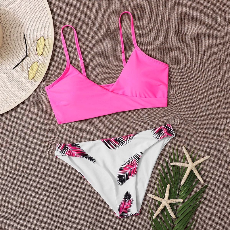 

Neon Pink Palm Bikini Swimsuit, Multicolor
