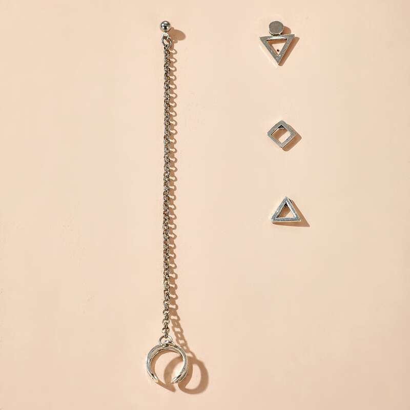 

4pcs Geometric Design Earrings, Silver