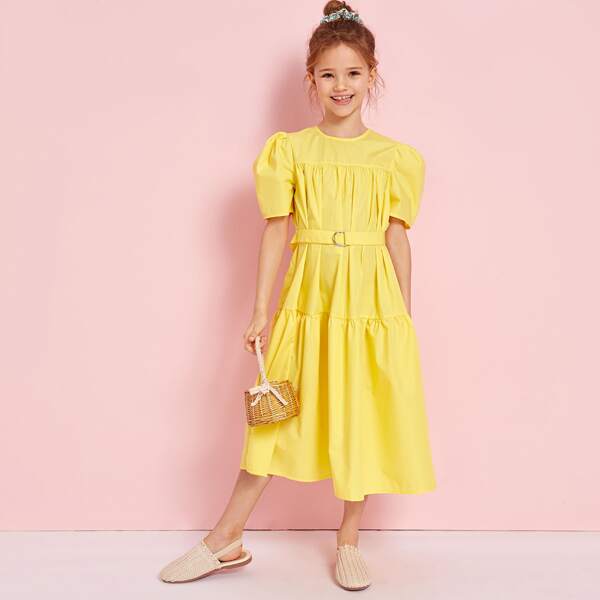 

Girls Puff Sleeve D-ring Belted Dress, Yellow bright