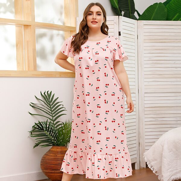 

Plus Cherry Print Flutter Sleeve Ruffle Hem Nightdress, Baby pink
