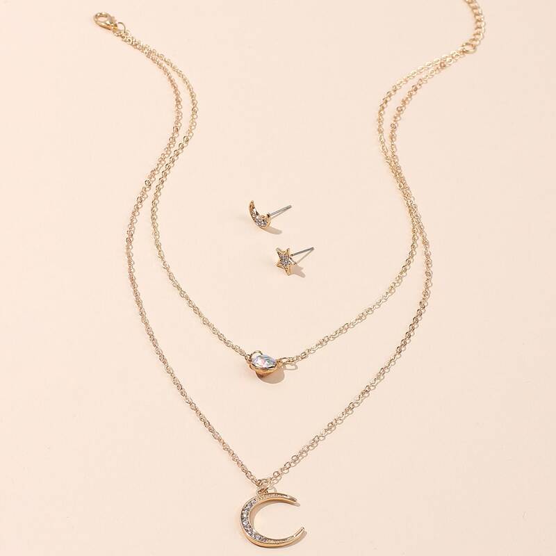

3pcs Rhinestone Star Moon Decor Jewelry Set, Gold