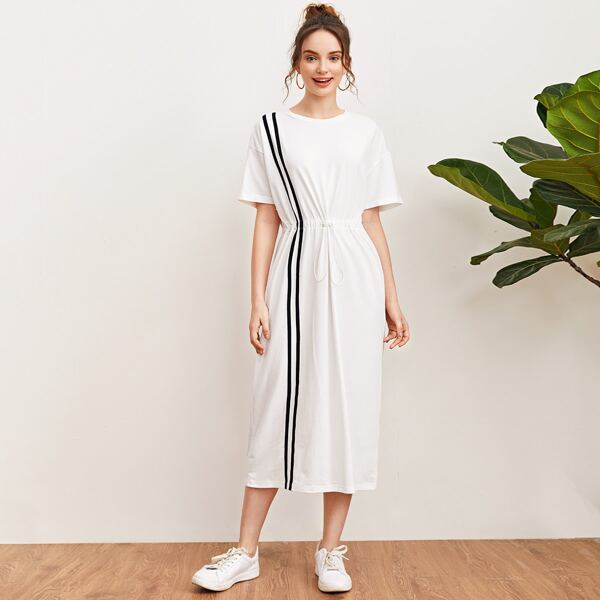 

Drop Shoulder Striped Tape Front Drawstring Waist Dress, White