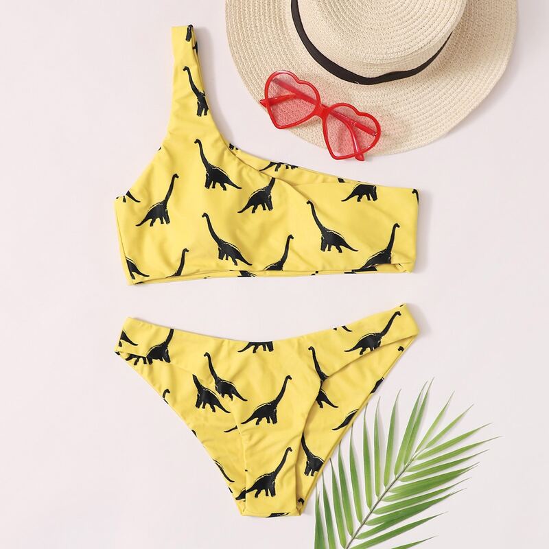 

Dinosaur Print One Shoulder Bikini Swimsuit, Yellow
