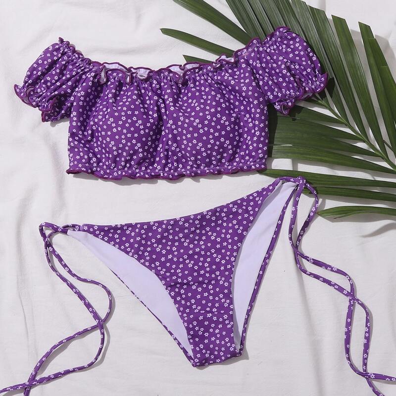 

Ditsy Floral Frill Tie Side Bikini Swimsuit, Violet purple