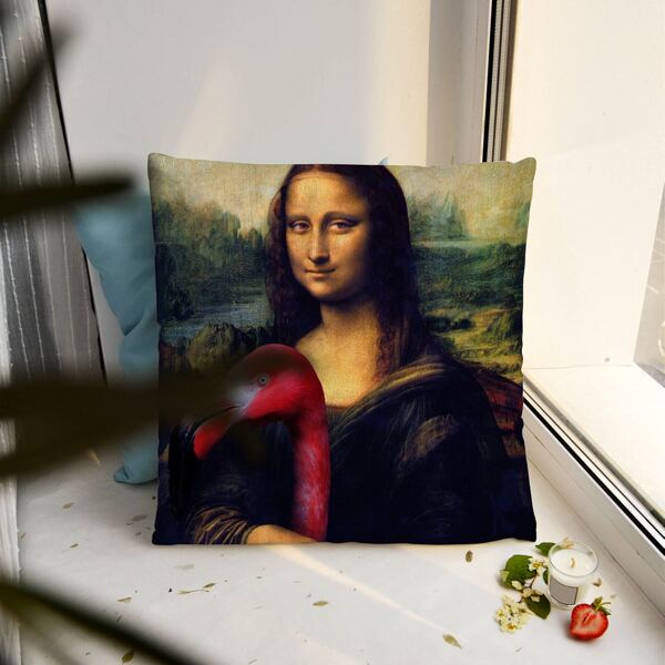 

Monalisa & Flamingo Print Cushion Cover Without Filler, Multicolor