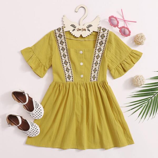 

Toddler Girls Tribal Tape Square Neck A-line Dress, Mustard yellow
