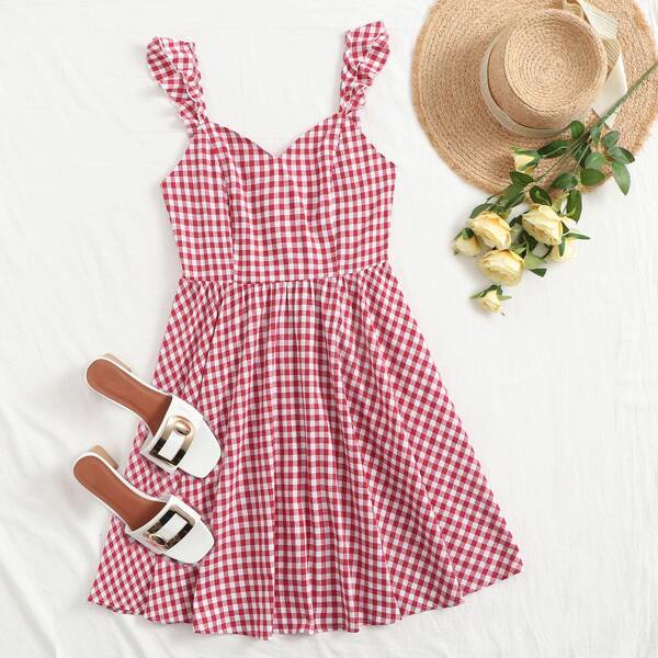 

Ruffle Trim Shirred Back Gingham Dress, Red and white