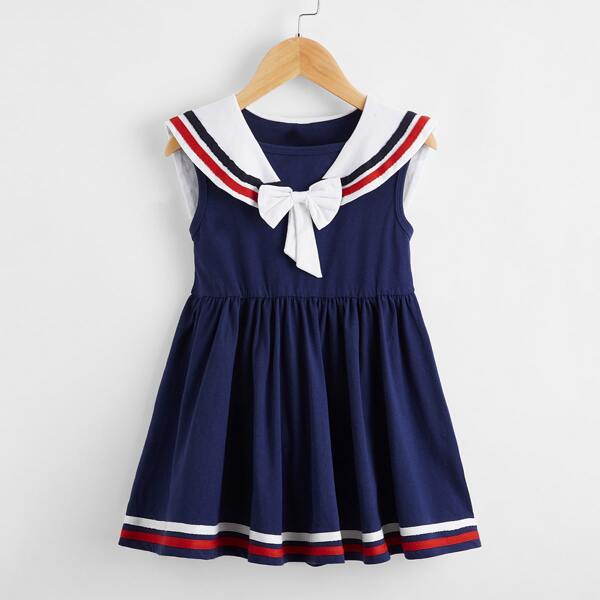 

Toddler Girls Striped Sailor Neck Dress, Navy blue