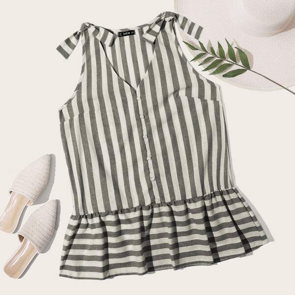 

Button Front Knot Striped Peplum Top, Multicolor