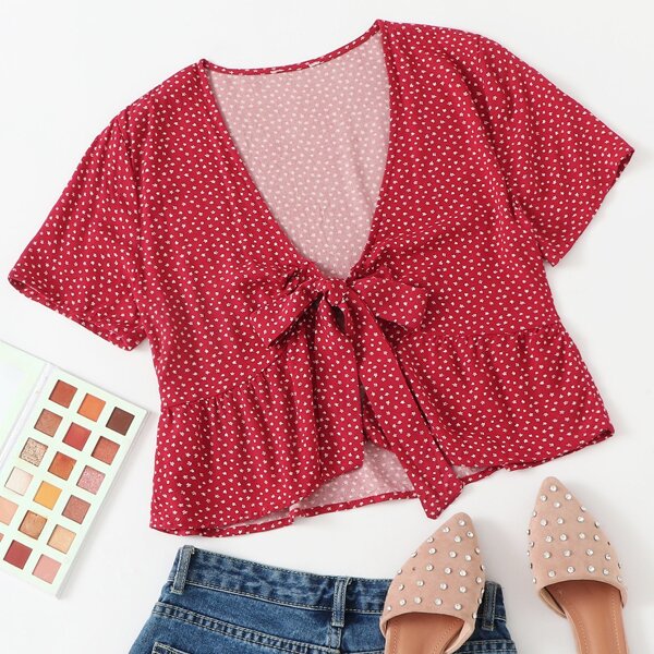 

Ditsy Floral Tie Front Top, Rose red