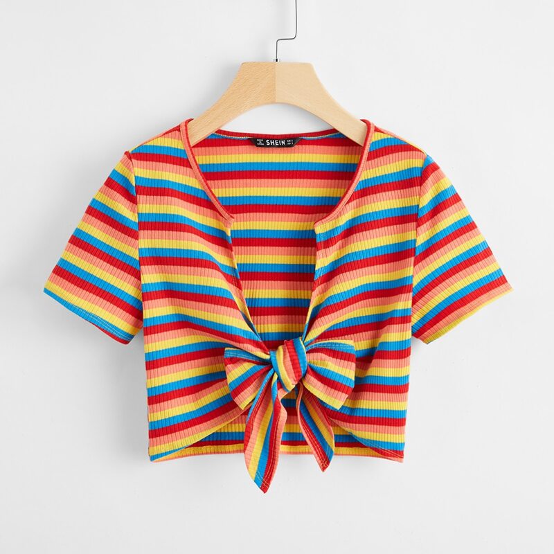 

Tie Front Rib-knit Rainbow Striped Top, Multicolor
