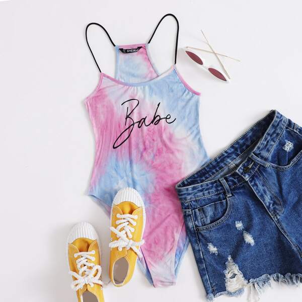 

Letter Graphic Tie Dye Slip Bodysuit, Multicolor