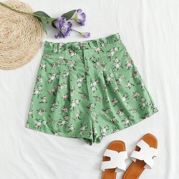 

Paperbag Waist Floral Print Shorts, Green