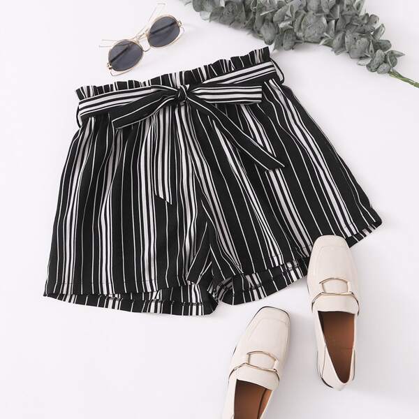

Striped Paperbag Waist Belted Shorts, Black and white