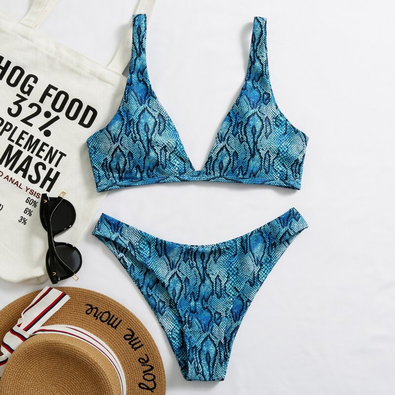 

Snakeskin Print Bikini Swimsuit, Teal blue